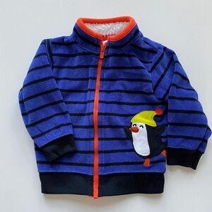 Carter's Blue Striped Penguin Hoodless Fleece Zip Jacket Unisex Baby 6M
